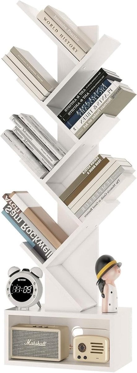 Boom Boekenplank Wit - 6-Laags Boekenkas Kubusrek met Unieke Boomstructuur - H 112 x B 38 x D 19 cm
