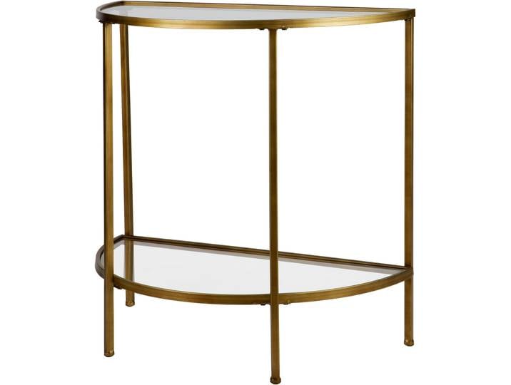 Beistelltisch WOOOD Goddess mit Glasplatten und gestell in Messingoptik, abgeflachte Seite , antikmessing, B:38cm H:75cm T:76cm, Tische, Beistelltisch, Schlankes Eisengestell, zwei Glasböden, geschwungene Vorderkante