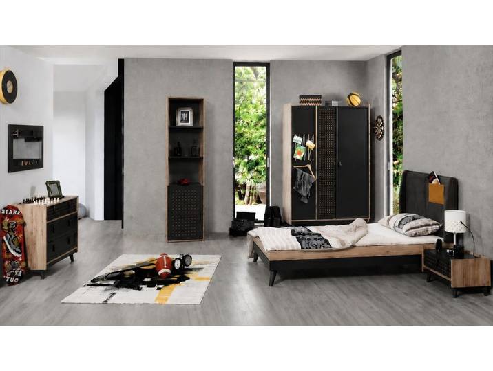 JVmoebel Jugendzimmer-Set Jugendzimmer Bett Kleiderschrank Kommode Spiegel Regal Grau, (Jugendzimmer-Set, 6-tlg., 6-tlg)