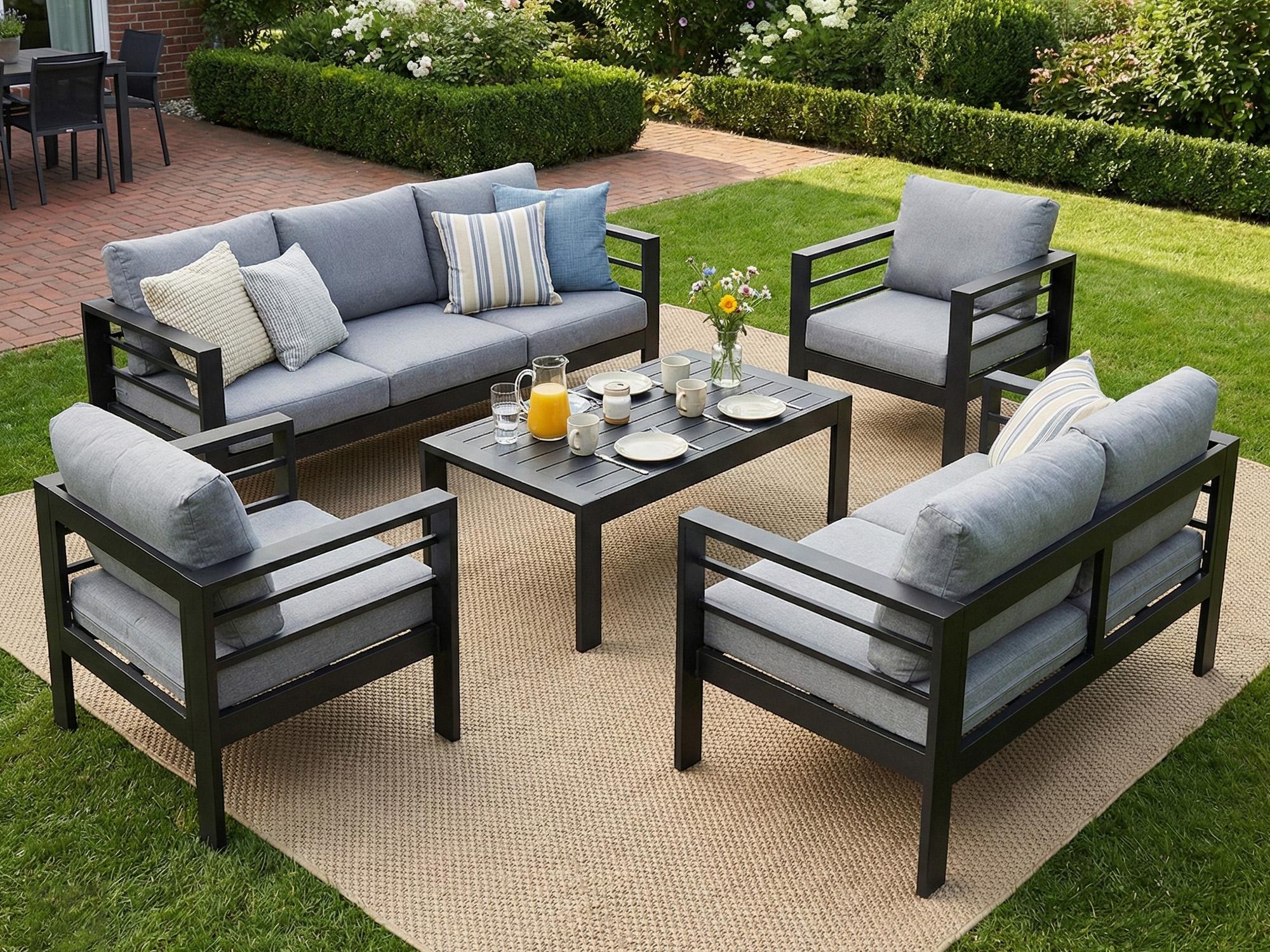 MeXo Gartenlounge-Set Gartenmöbel Set Aluminium Wetterfest 6-7 Personen, mit 12cm Deluxe Relax-Sitzkissen, pflegeleichte Polywood-Tischplatte