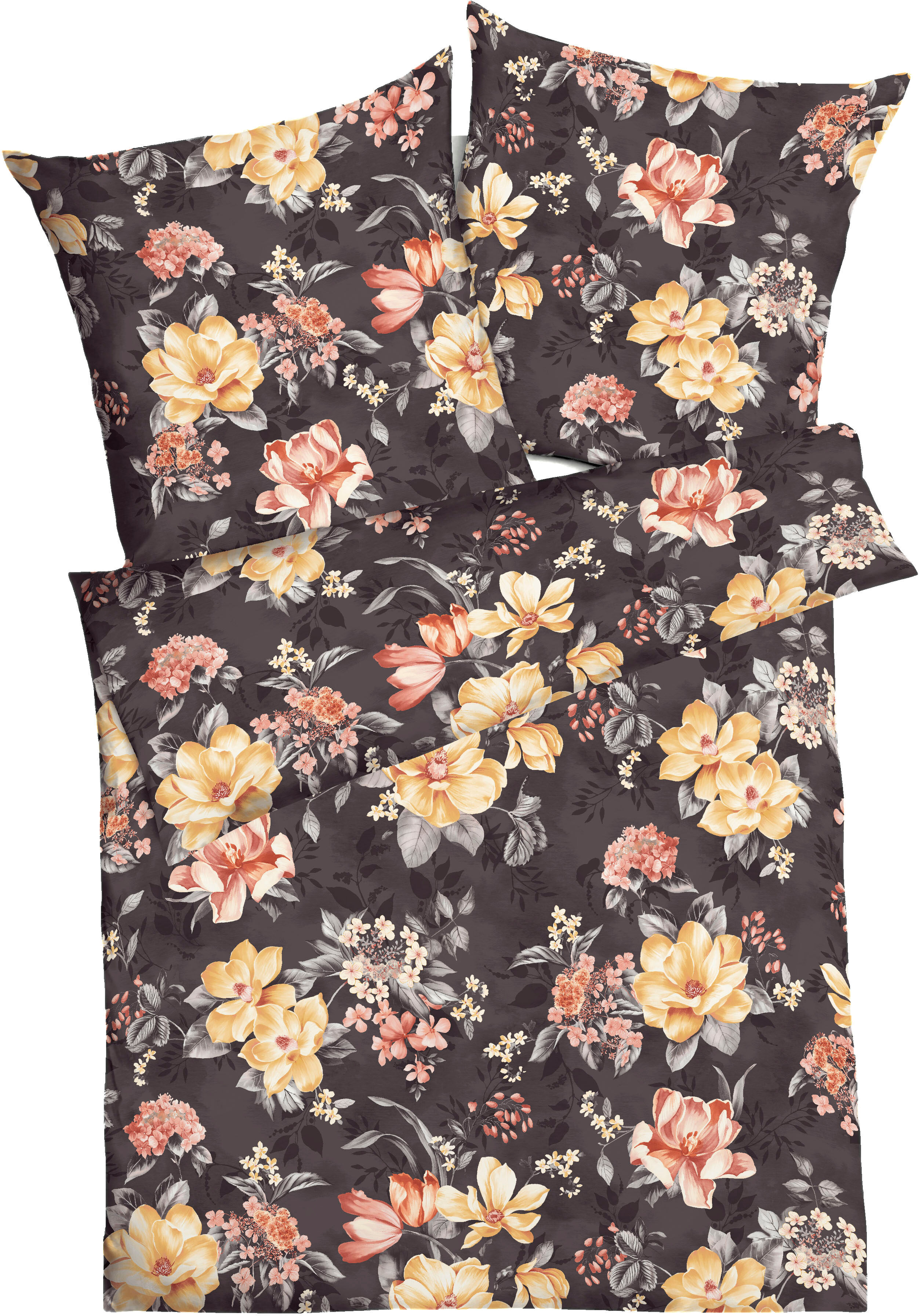 Kaeppel "Magnolia" 2 Stk. schwarz B/L: 155cm x 220cm, Feinbiber, B/L: 80cm x 80cm, 2 Stk.