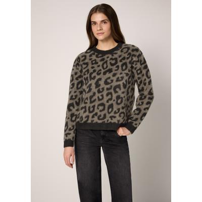 Rundhalspullover STREET ONE STUDIO, Damen, Gr. 46, grau (schwarz), Stoff, 100% Polyester, normal normal, Rundhals, Rippbündchen, Pullover Rundhalspullover, im Leo Design