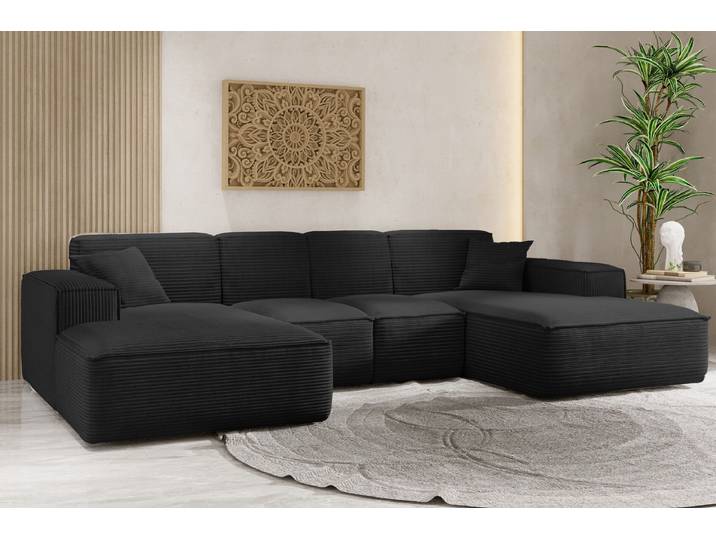 Kaiser Möbel Ecksofa, Eckcouch U form, Wohnzimmer Couch Large 342cm SIENA stoff Poso Schwarz