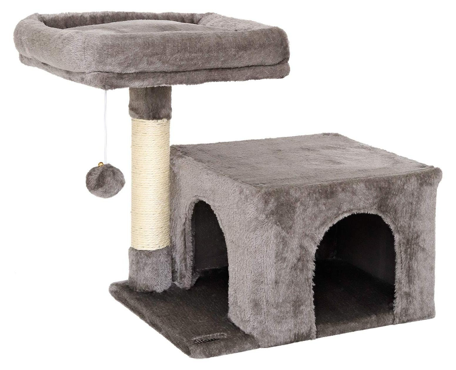 Donkergrijze krabpaal voor katten met sisaltouw, pluche, hol en ligplaats, Hoogte: 50 cm