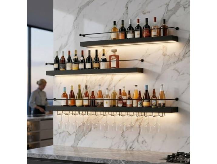 FKKPRVAX 120CM Metall Wandmontiertes Weinregal mit LED-Leuchten 3-stöckiges industrielles Metall hängendes Getränkeregal, robustes Wandregal Küche, Hausbar, Café, Restaurant, schwarz