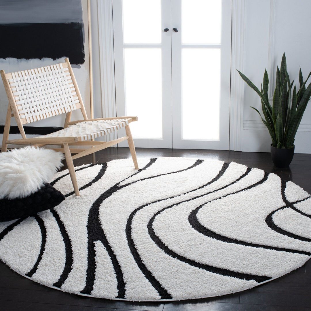Blue Elephant Florida Abstract Shag Area Rug Black/Ivory Round 152 cm