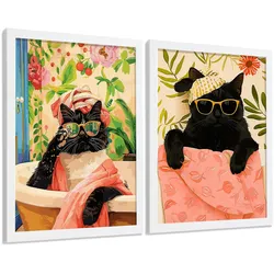 POSTER 2er Kunstdruck-Set Wandbilder Katzen Badezimmer modern Wohnzimmer Deko, Schlafzimmer, Küche Weißer Rahmen A4