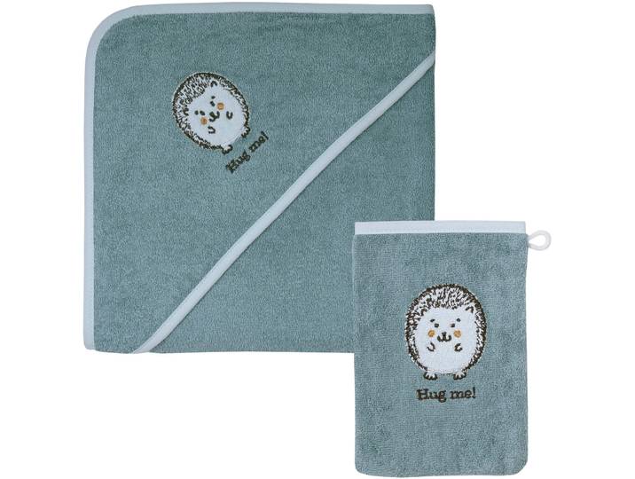 Handtuch Set WÖRNER Igel blau Kapuzenbadetuch 100/100 mit Waschhandschuh , blau, 2 Stk., Frottier, Frottier, Obermaterial: 100% Baumwolle, Handtücher, Handtuch Set, mi süsser Igelstickerei