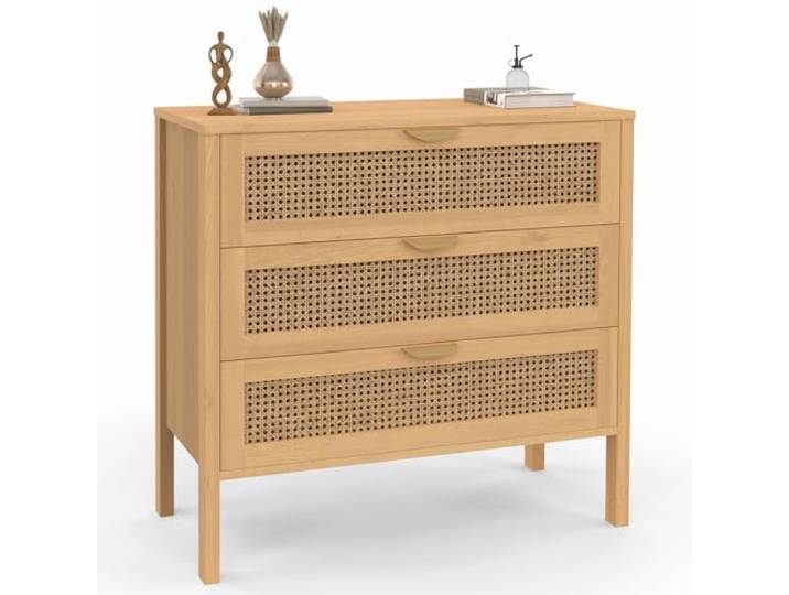 IDMarket - Kommode mit 3 Schubladen EDHEN 80 cm Rohrgeflecht Holzfarbe