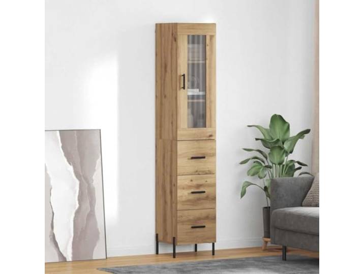 RJPLMFV Oberschrank mit Schublade, Eiche, 34,5 x 34 x 180 cm Holzwerkstoff, Füße aus Metall, Aufbewahrung für Küche und Esszimmer