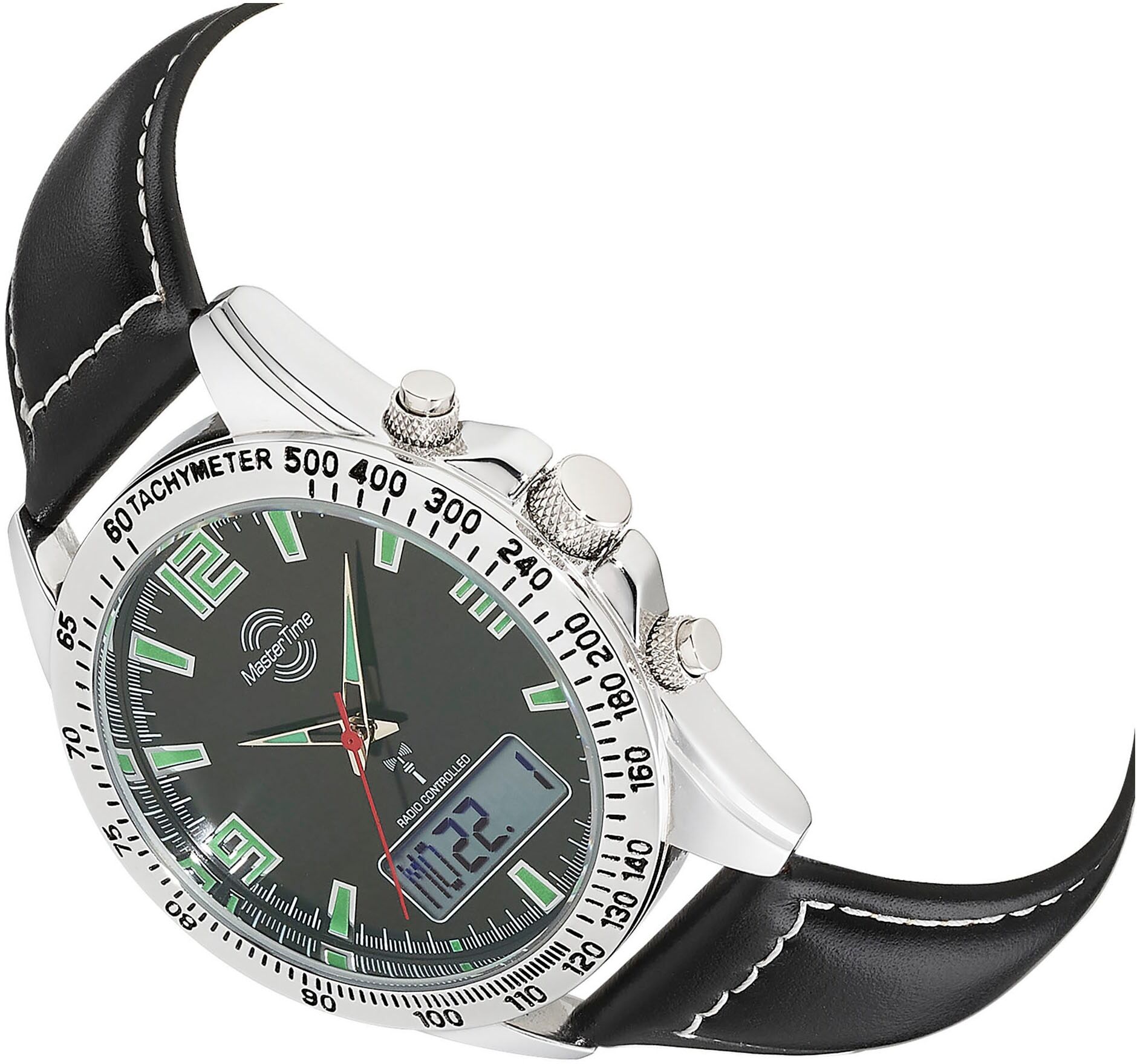 Funkchronograph MASTER TIME "Sporty", schwarz (schwarz, schwarz, schwarz), Armbanduhren, Herren, silberfarben, Funkchronograph, Armbanduhr, Quarzuhr, Herrenuhr, automatischer Kalender