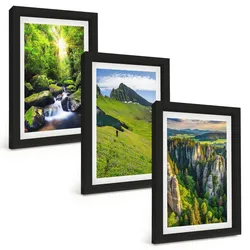 BILDER SET 3er Set - 20x30 cm Schwarzer Rahmen - Grüne Berge Wasserfallwald