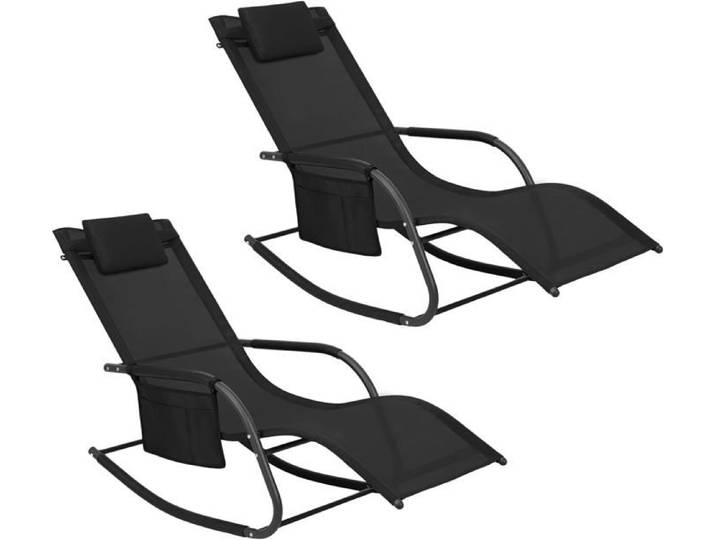 WOLTU Bain de Soleil Jardin Exterieur Lot de 2 Chaise Longue Jardin Fauteuil à Bascule Transat de Jardin Noir W0ETT0157-2