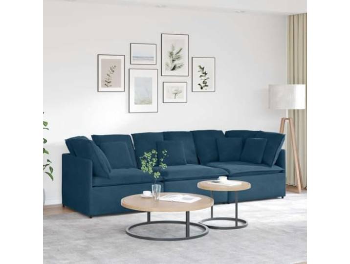pokgdf Modulares Sofa mit Kissen Samt Blau 3-teilig, Metallrahmen, Holzarmlehnen, Textilene-Sitzflächen, Schaumstofffüllung