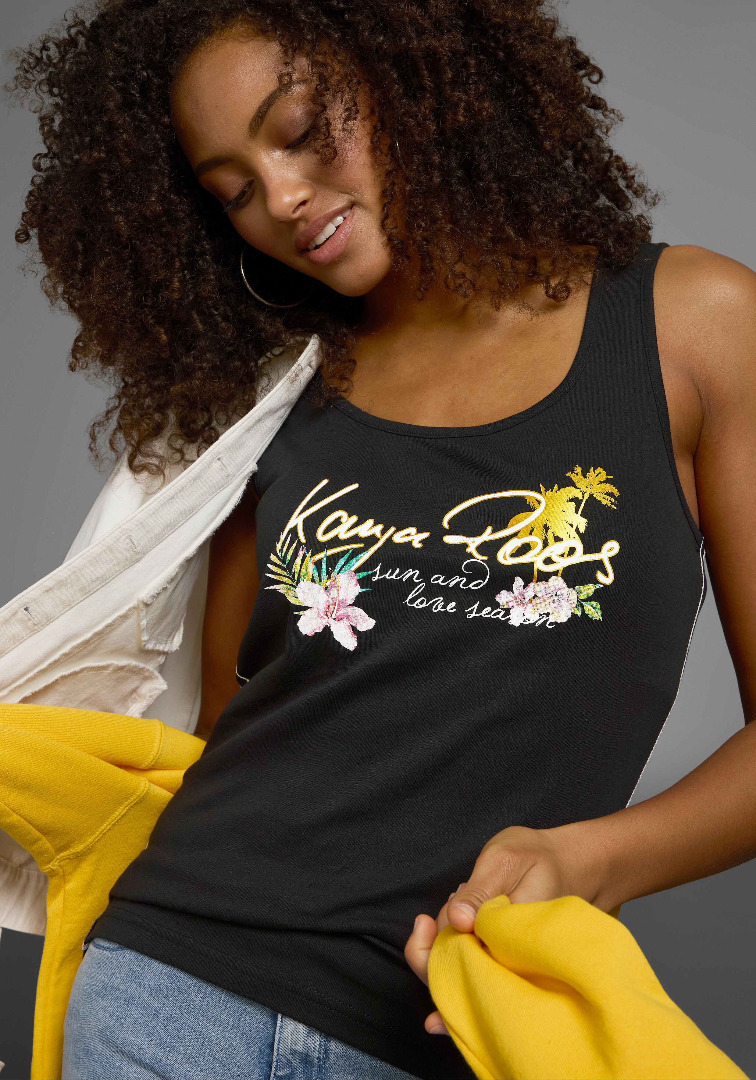 Tanktop KANGAROOS, Damen, Gr. 36/38, schwarz (schwarz, bedruckt), Rippware, Obermaterial: 100% Baumwolle, bedruckt, unifarben, sehr figurbetont hüftlang, Rundhals, Tops Tanktop, mit femininem Frontdruck schwarz, bedruckt 36/38