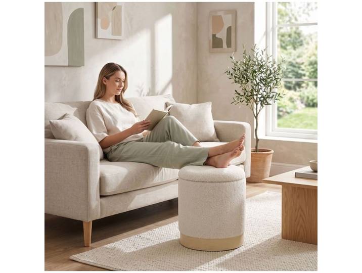 SENVIRO Tabouret de rangement rond 38 x 38 x 45 cm Sherpa blanc crème