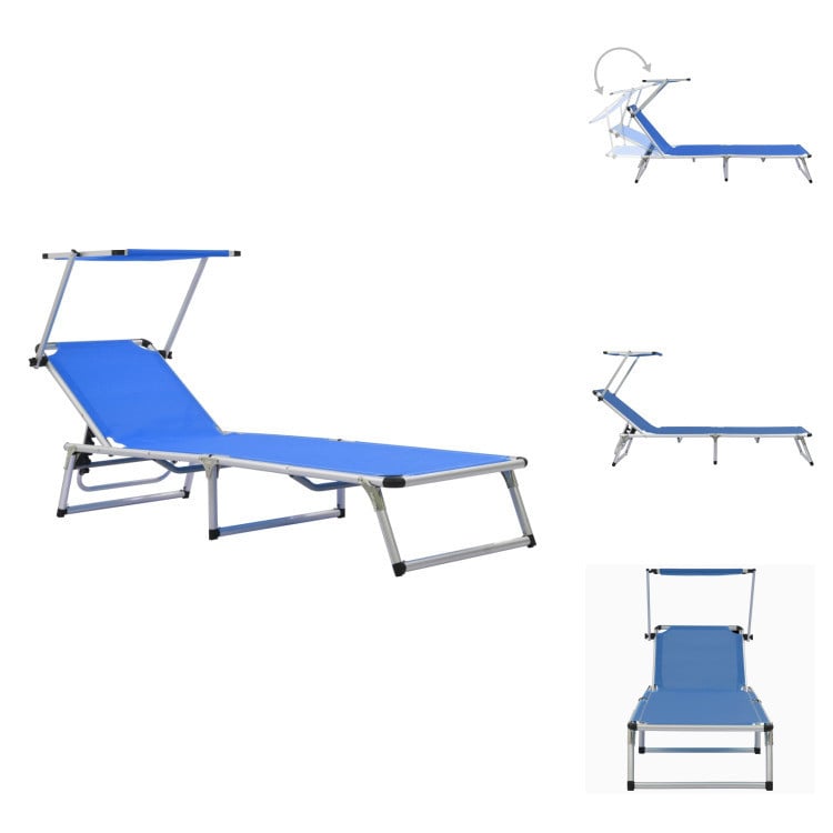 vidaXL Opklapbare ligstoel met zonnescherm, aluminium en textiel, blauw