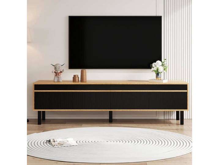 Meuble TV 170cm avec 4 portes meuble TV bas panneau TV en bois noir/bois naturel pour salon meuble TV moderne avec espace rangement