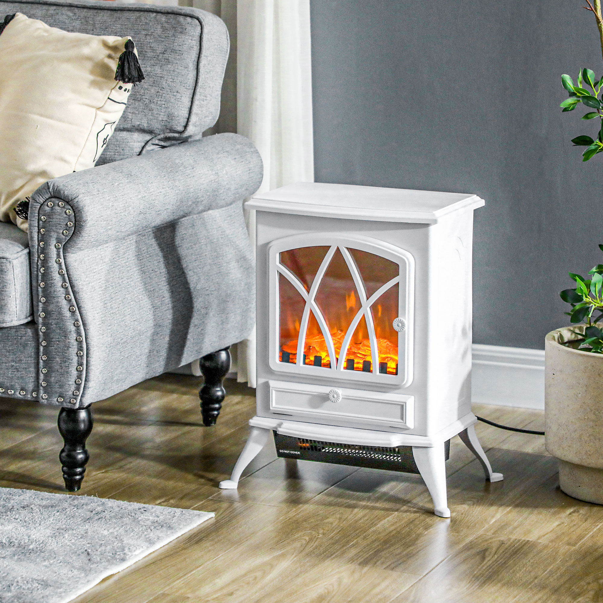 Homcom Stufa Elettrica a Camino da Terra 1000/2000 W, con effetto fiamma LED, Bianco   Aosom Italy