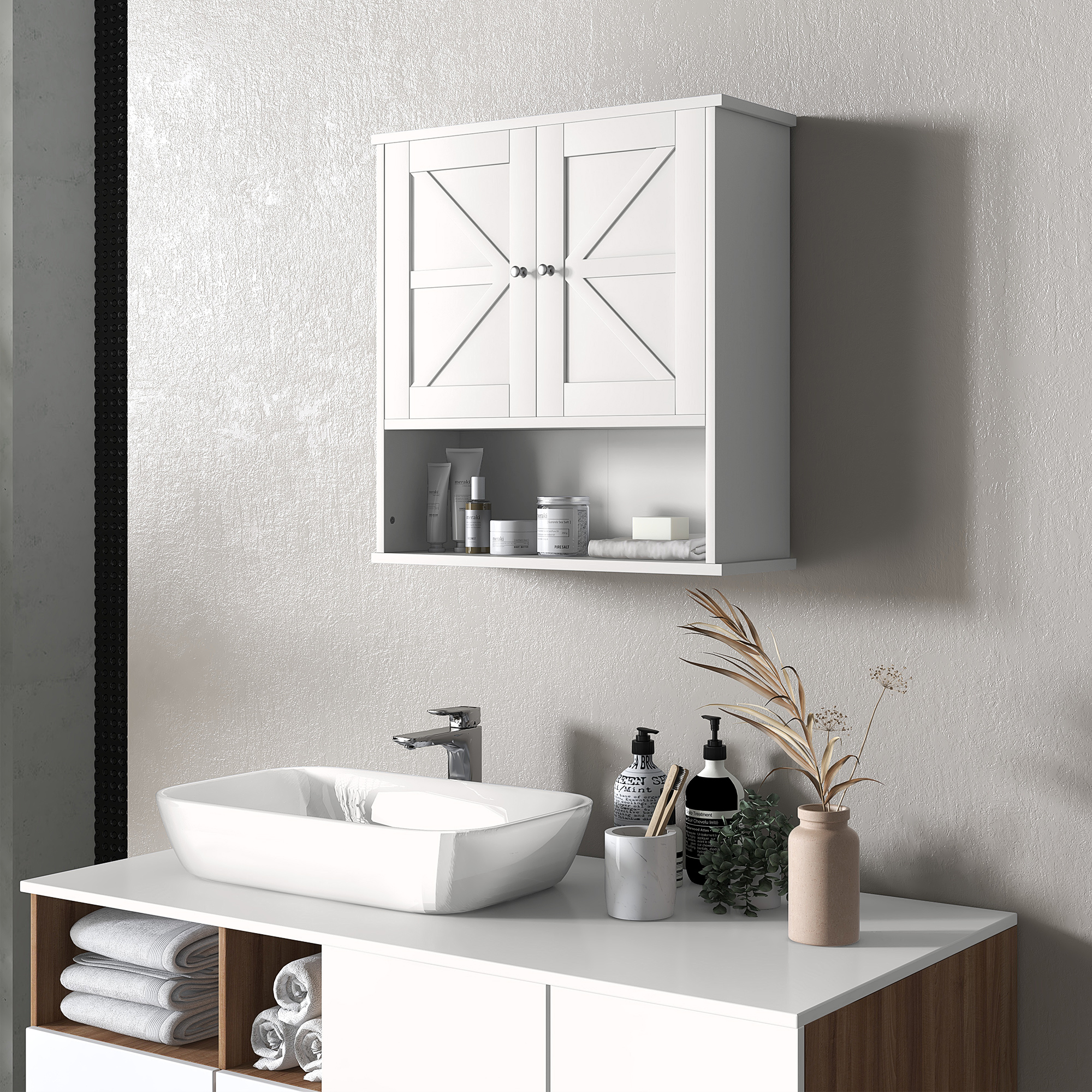 Kleankin Armadietto da Bagno da Parete, Mobile da Bagno Appendiabile Rustico con Scomparto Ripiano Regolabile e 2 Ante, Bianco   Aosom Italy