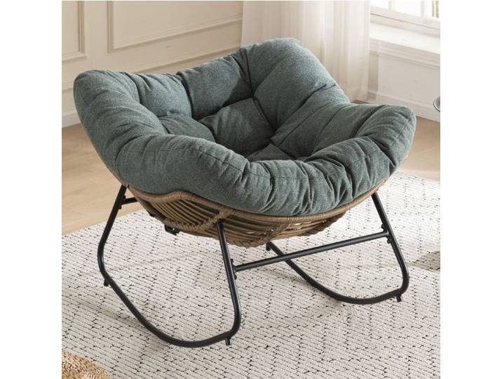 Rocking-chair 1 place relax avec accoudoirs structure metallique et assise papasan en chenille vert 83 × 95 × 107 cm - UVRION