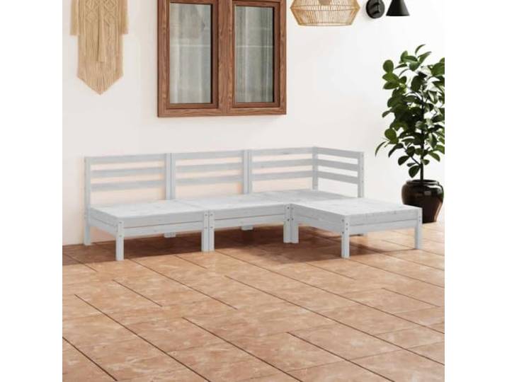 Bois de pin massif design palette terrasse jardin 4 pieces blanc Salon de jardin 4 pcs Bois de pin massif Blanc Ensemble de Canapé Modulable avec Repose-pieds pour Terrasse, Patio, Balcon,