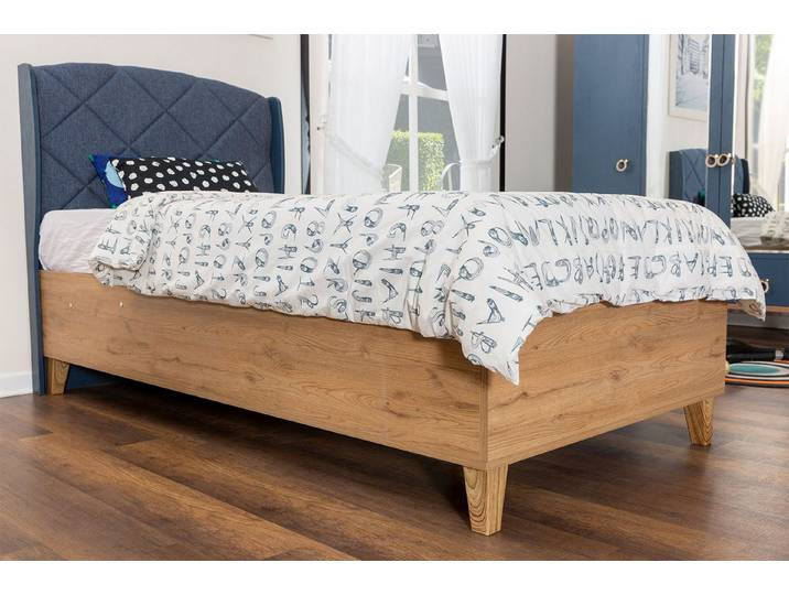 JVmoebel Kinderbett Einzelbett in Blau-Braun aus Holz mit weichen Textilien (1-tlg., Kinderbett), Made in Europa