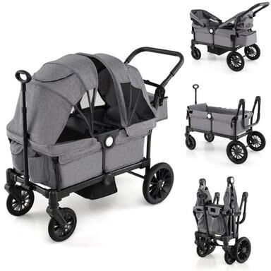 Costway 2 Seater Push Pull Collapsible Kids Wagon Stroller with Adjustable Handlebars-Gray