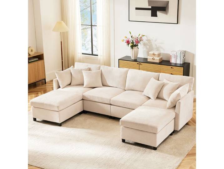 SENVIRO-Sofa modulable-4 a 6 places-chenille beige-278x161x81cm-Beige
