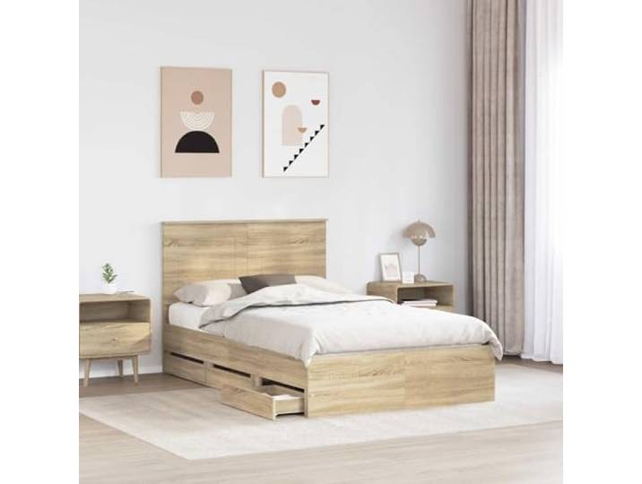 SKTQYQO Bettgestell aus Sonoma-Eichenholz Zeitgenössisches Design, versteckte Schubladen, feste Latten, einfache Montage