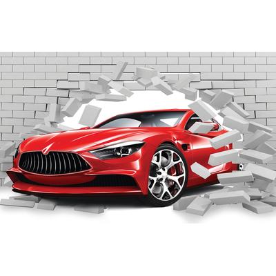 Fototapete PAPERMOON "Auto durch Mauer 3D Effekt", bunt, B:3,5m L:2,6m, Vlies, Tapeten