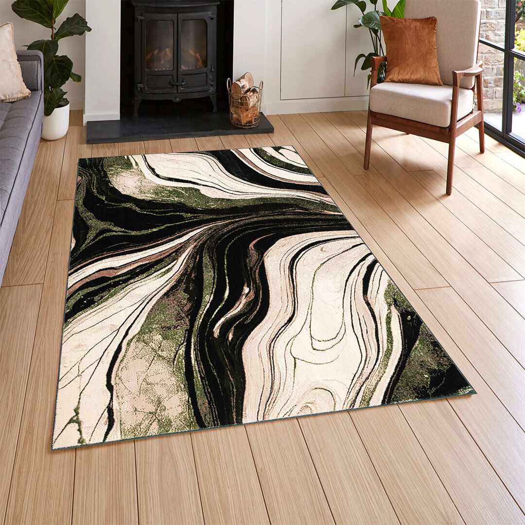 Metro Modern Abstract Marble Area Rug – 100% Polyester Living Room Carpet, Antistatic, Soil & Water Repellent, Colourfast Indoor Rug Green Rectangle 200 x 290 cm