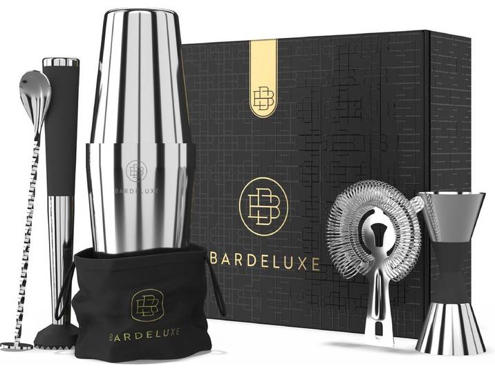 BarDeluxe® Cocktail Shaker Set - 5-Delig Boston Shaker - Cocktail Set met Stamper\, Zeef\, Barlepel & Receptenboek - Inclusief Luxe Geschenkdoos - Zilver