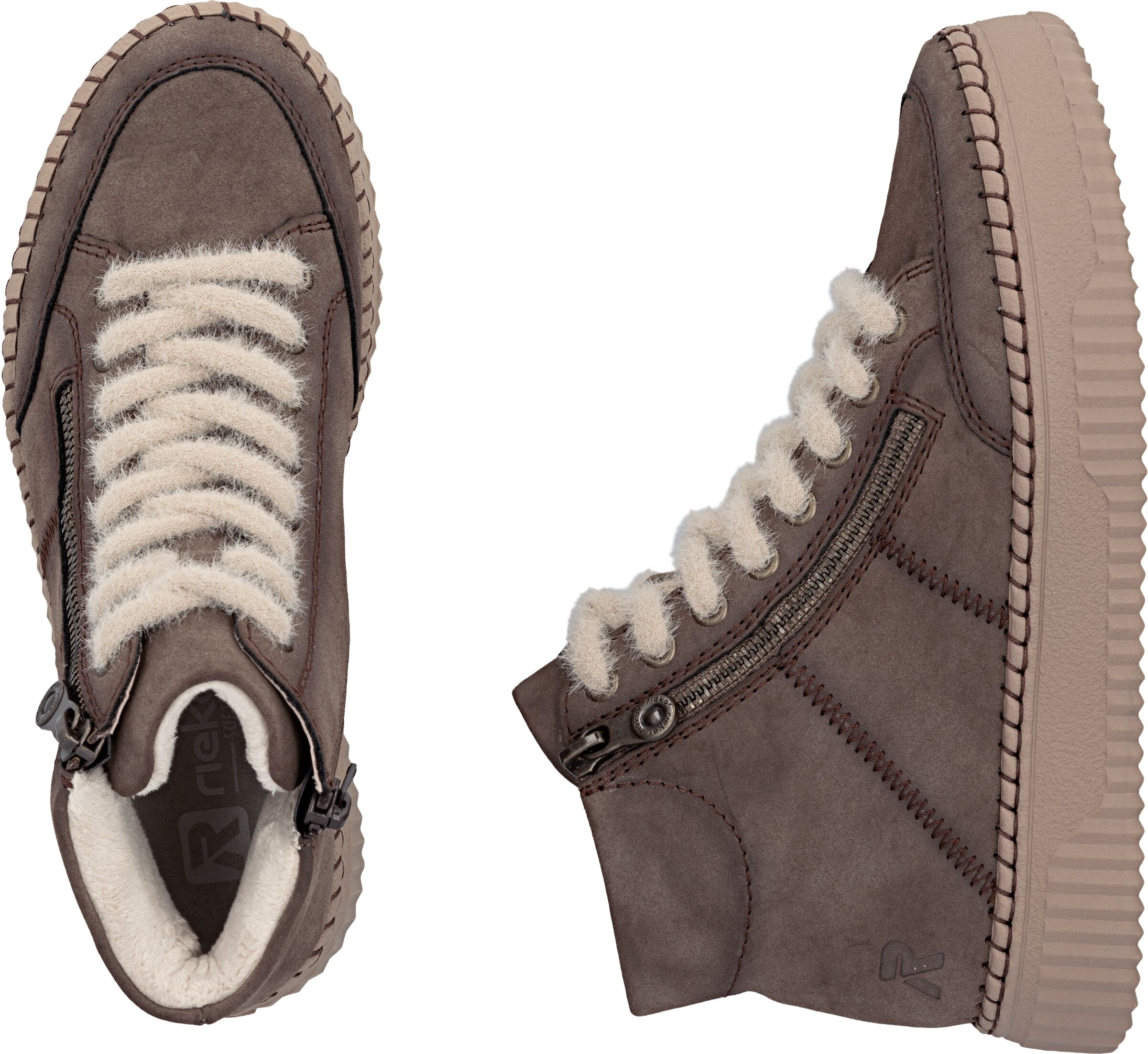 Schnürboots RIEKER, Damen, Gr. 43, Textil, braun, Lederimitat, used, Schuhe Schnürboots, Plateauboots, Stiefelette mit extravaganten Schnürsenkeln