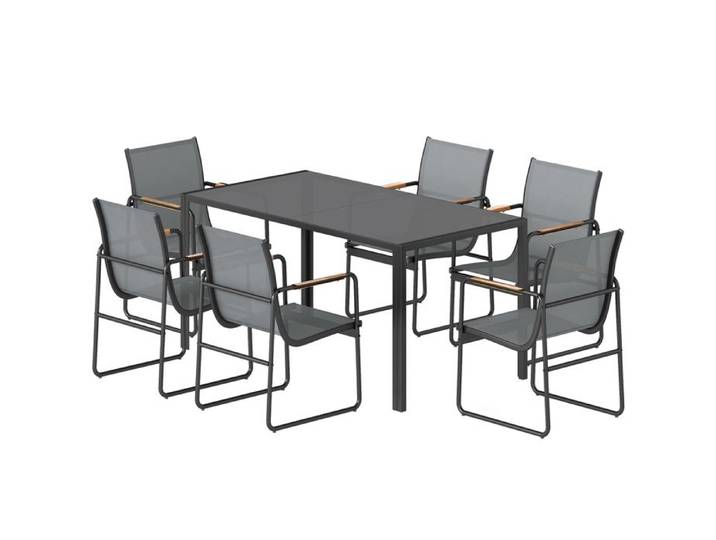 LIA Ensemble salle manger extérieur 7 pièces 6 personnes table verre chaises maille gris