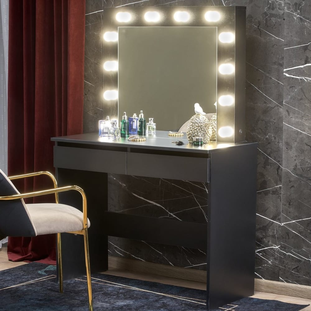 MSO Coiffeuse noire avec tiroirs et éclairage led Noir 94x140x43cm
