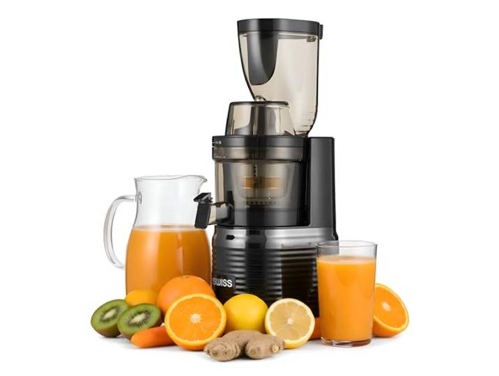 4Swiss Entsafter Saftpresse Elektrisch für Gemüse Obst Slow Juicer Machine mit Einfüllschacht - Kaltentsafter Fruchtpresse Presse Große Saftmaschine XL Leicht zu Reinigen Obstpresse - BM202 Schwarz