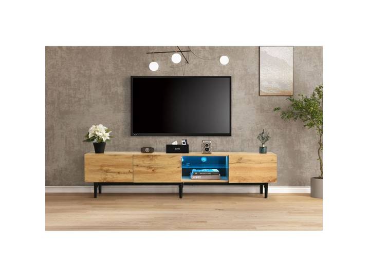 Meuble TV NECHE - Style industriel moderne - 3 portes - LED - Verre - Bois