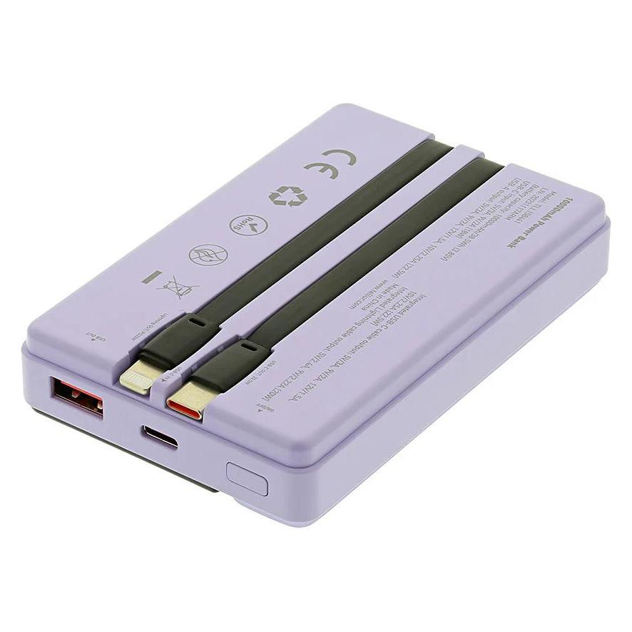 Tellur Power Bank 10000mAh, USB-C + Lightning cables built-in purple (10000 mAh) (TLL158441)