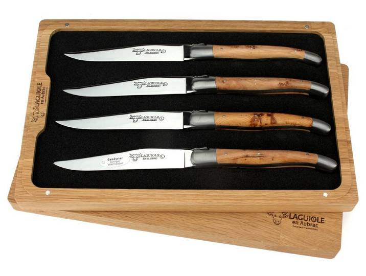 Laguiole en Aubrac Steakmesser 42C99GEIH 4er Set - Griff Wacholder - Backen matt - Klinge glänzend - Holzbox