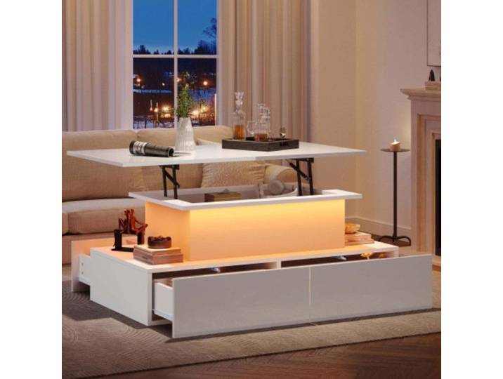 Table Basse LED blanche Laquée avec 4 Tiroirs Table de Salon Moderne avec Rangement 90x55x41cm Norevia