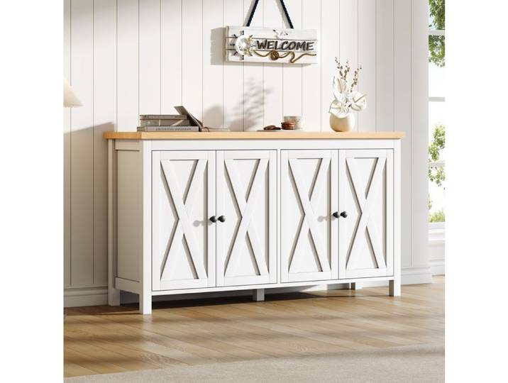 ULEVR Buffet bas blanc en MDF 4 portes 2 étagères 4 compartiments 140 x 40 x 78 cm