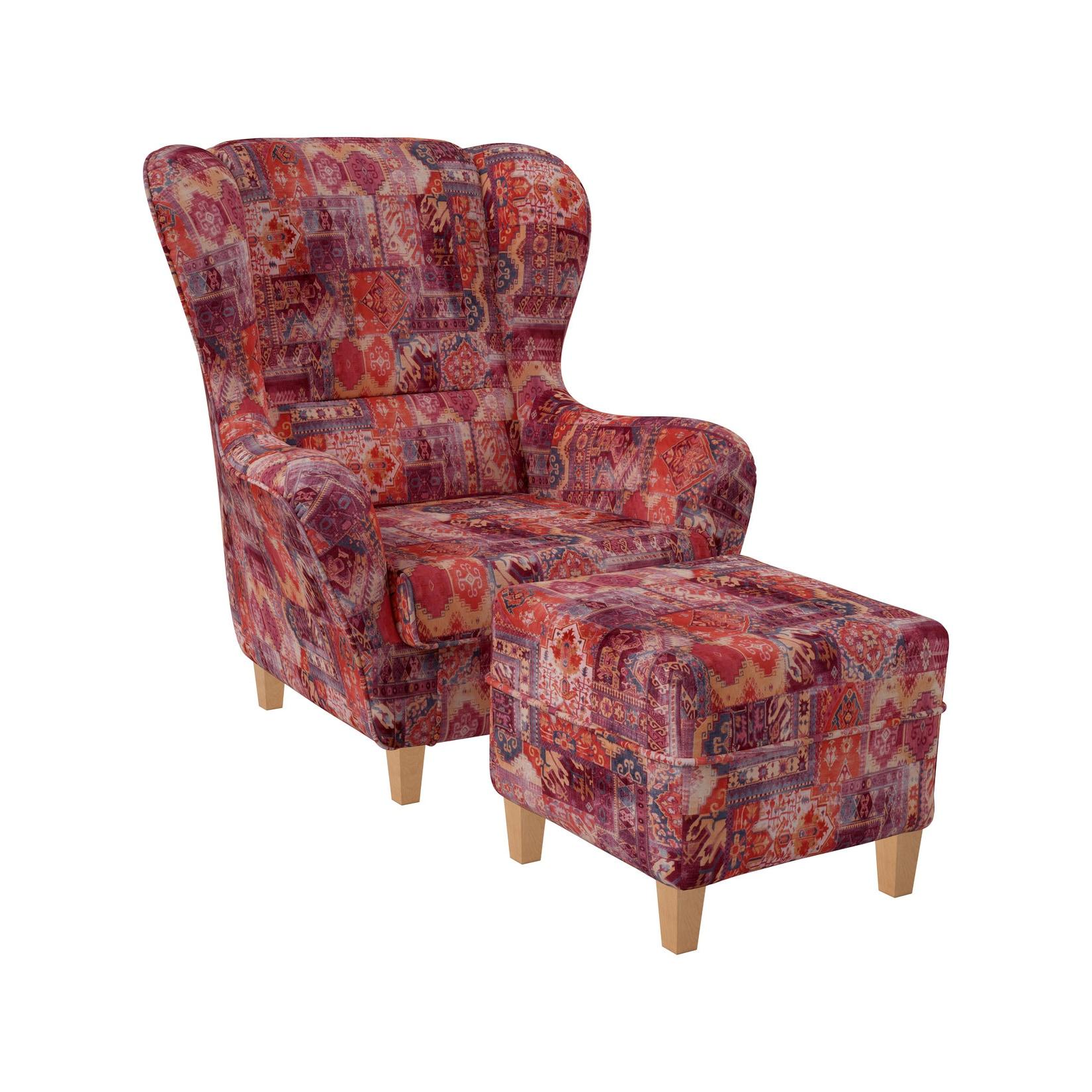 Supellex Sofia Ohrensessel mit Hocker Patchwork, Samt-Velours, Orient Rot