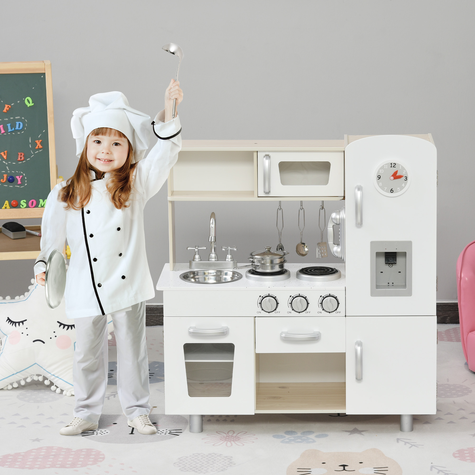 Homcom Cucina Giocattolo in Legno per Bambini con Lavandino e Fornelli, Pentole e Utensili in Acciaio, 74x30x81cm, Bianco Aosom