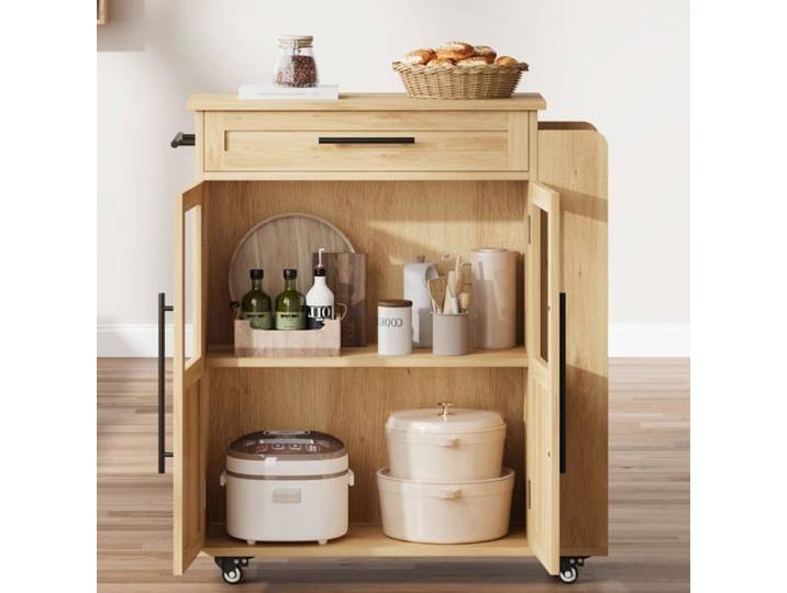Îlot cuisine mobile inox bois naturel