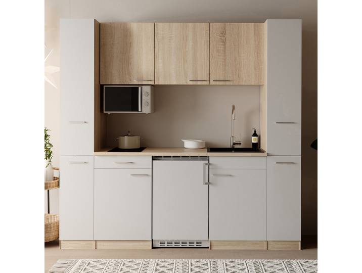 Küchenzeile Ingrid 210 cm mit Mikrowelle 210 x 200 x 60cm Weiß/Weiß mit Kühlschrank