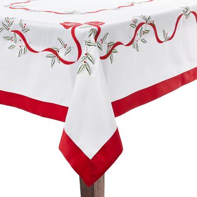 Violet Linen Christmas Holly Leaves Poinsettia Ribbon Bows Tablecloth