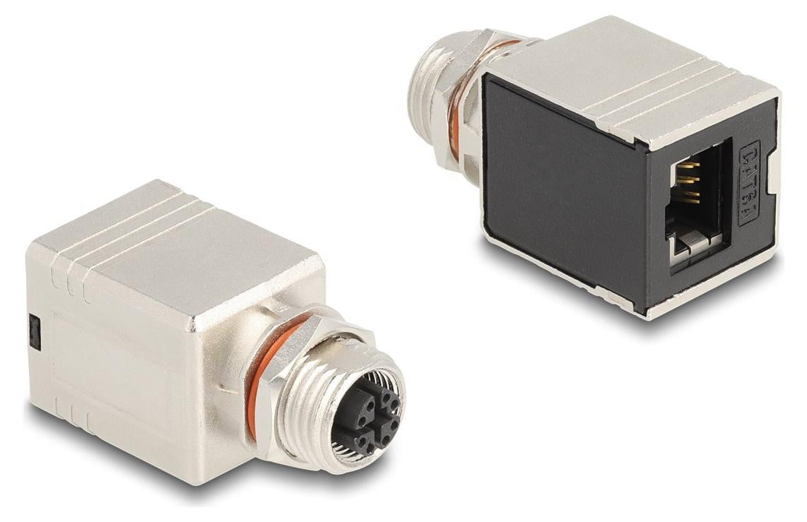 Delock M12-adapter X-gecodeerd, 8-polige vrouwelijke naar RJ45-vrouwelijke connector, Cat.6A, afgeschermd, rechte uitvoering