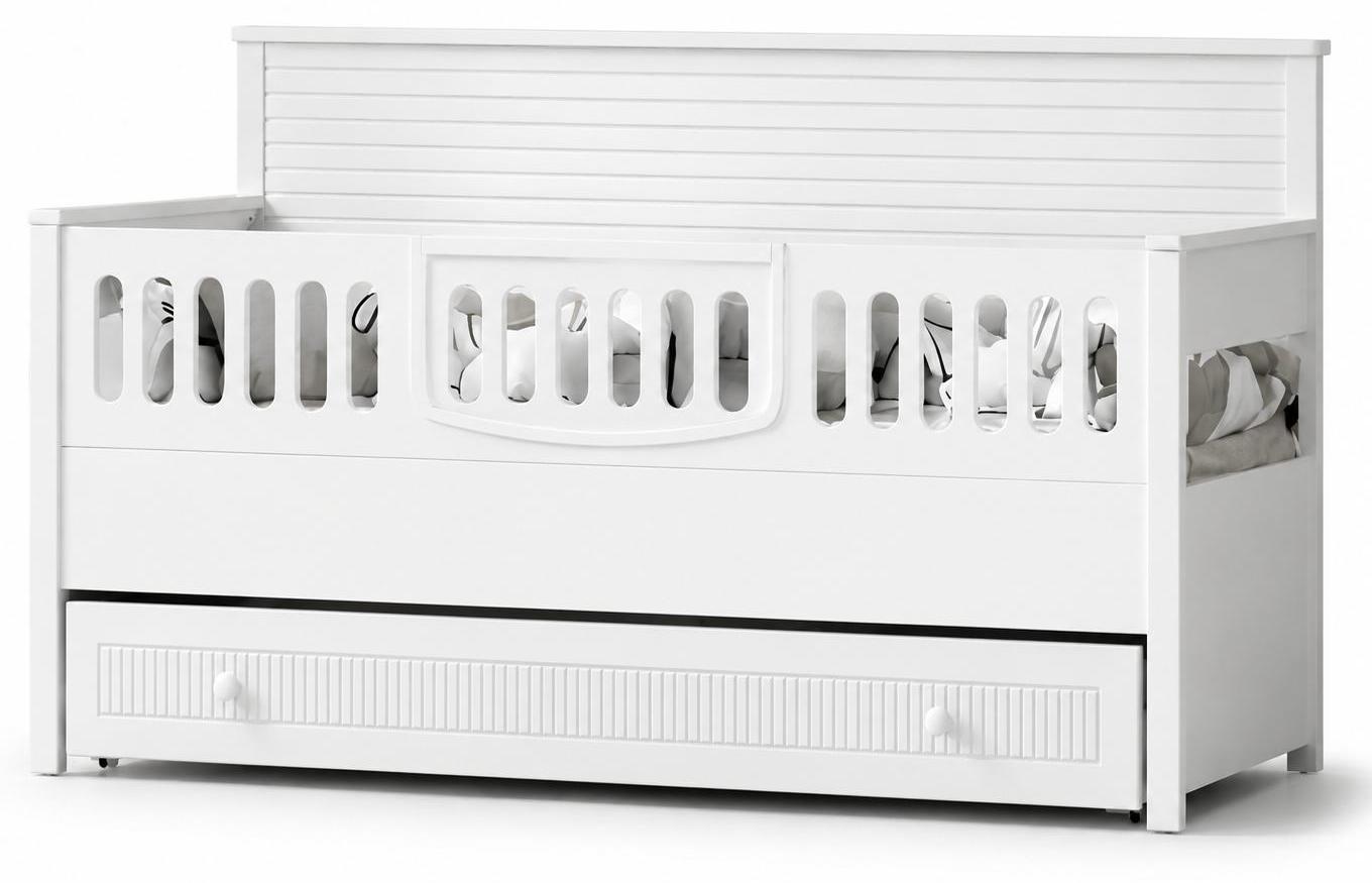 Weißes Kinderbett mit Schubladen und modernem Lamellen-Design