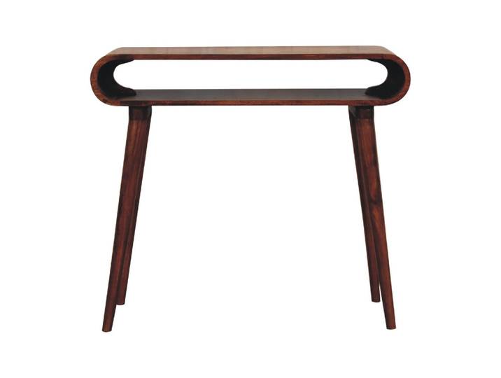 Artisan Furniture Konselentisch aus Massivholz, Offener Lagerraum, Braun, Kastanienfarben, Holz, Echtholz,Mangoholz, Holz Optik, Oval, 90x80x35 cm, Wohnzimmer, Wohnzimmertische, Konsolentische